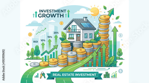 Real Estate Investment Growth Concept House on Coin Stack Flat Vector Illustration
