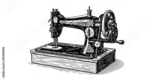 Vintage Engraving Style Antique Sewing Machine, Detailed Woodcut Tailor Illustration