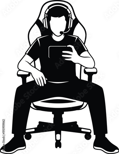 Man sitting in office chair wearing headset holding tablet black sillhouette