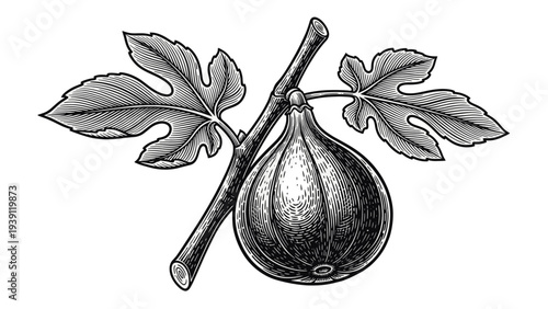 Vintage fig fruit engraving, antique botanical branch sketch and common fig illustration in woodcut style isolated