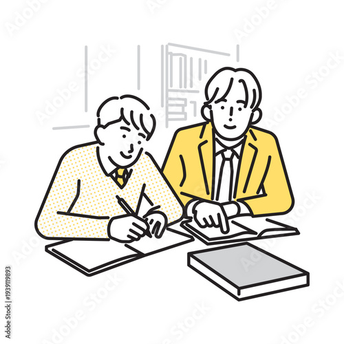シンプル　イラスト　家庭教師の個別指導で勉強を教わる生徒 マンツーマン学習のイメージ ベクターイラスト