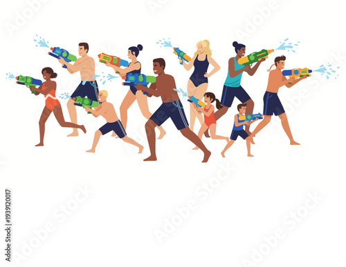 Diverse group of people engaging in a lively water gun fight enjoying summer fun and playful outdoor activity.