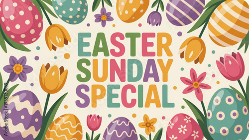 Vibrant easter sunday special illustration with decorated eggs and tulips in bright colors