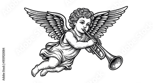 vintage cherub angel playing trumpet detailed antique engraving illustration, classical heavenly cupid figure with wings hand drawn woodcut style religious decorative art