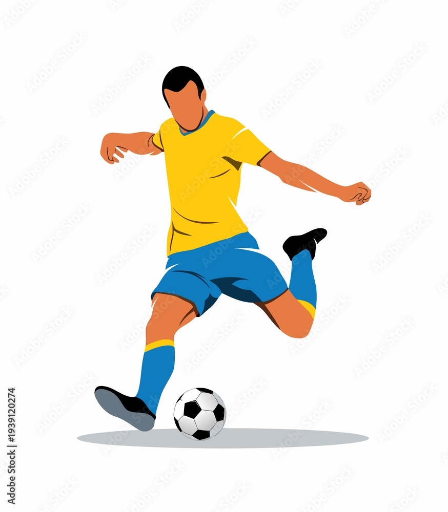 Obraz premium Young soccer player kicking ball in yellow blue uniform on white background