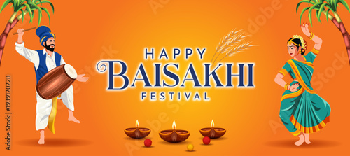 Happy Baisakhi Festival Banner with Punjabi Man and Woman Performing Traditional Bhangra Dance