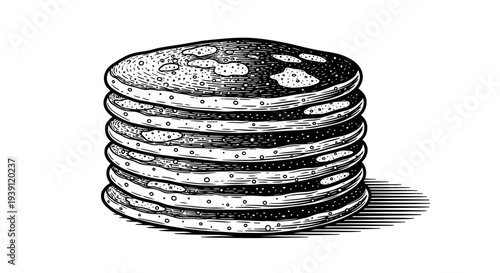 stack of pancakes detailed vintage engraving illustration isolated, breakfast dessert food hand drawn retro woodcut style culinary artwork