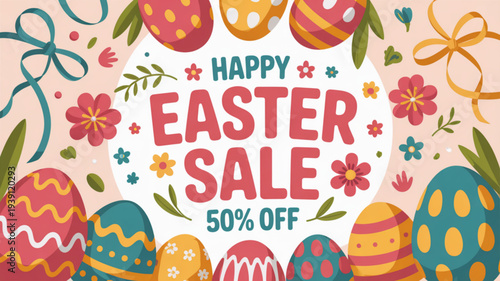 Vibrant easter sale banner with colorful eggs flowers and ribbons offering 50 off on a soft pink background