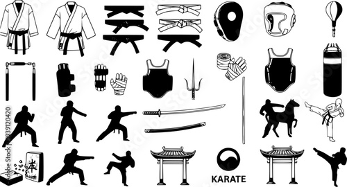 Karate and Martial Arts Icons Set: Black  White Collection Featuring Uniforms, Belts, Weapons, Gear, Training Equipment, and Dynamic Action Silhouettes.