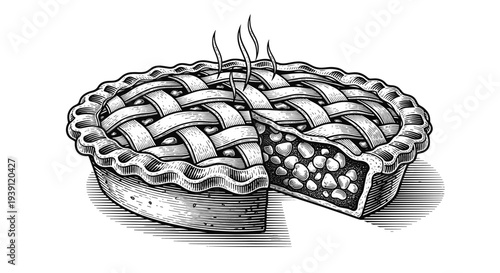 Vintage apple pie engraving, antique bakery sketch, traditional sweet pastry with lattice crust in woodcut style