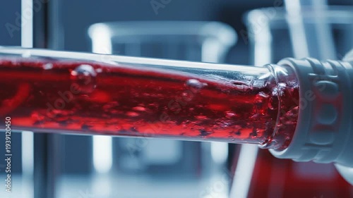 Close-up of a pipette filled with red liquid being held in a laboratory setting for scientific research purposes