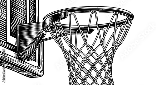 Vintage engraving basketball hoop and backboard sports equipment hand drawn woodcut style athletic illustration