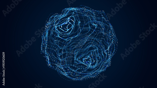 Abstract blue particle sphere on dark background. Glowing dots and lines form futuristic digital network orb. 3D data visualization. Technology and AI connection