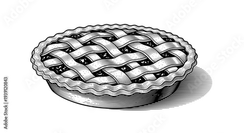 Vintage apple pie engraving, antique bakery sketch, traditional sweet pastry with lattice crust in woodcut style