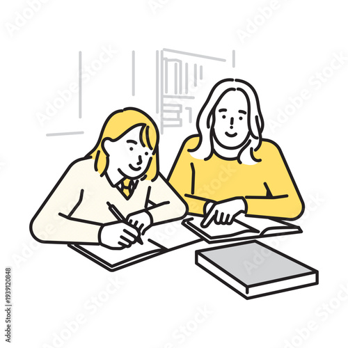 シンプル　イラスト　家庭教師の個別指導で勉強を教わる生徒と女性講師 マンツーマン学習のイメージ ベクターイラスト
