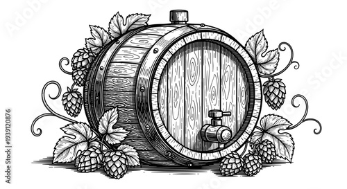 Vintage engraving wooden beer barrel with hop cones brewing ingredient hand drawn woodcut style craft beer illustration