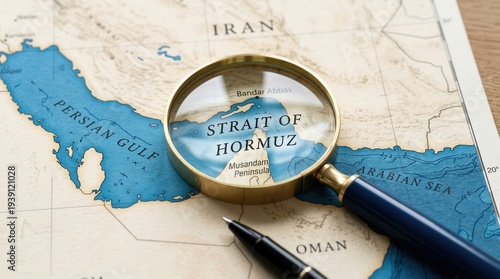 Magnifying Glass Over Strait of Hormuz on Detailed Map of Middle East.