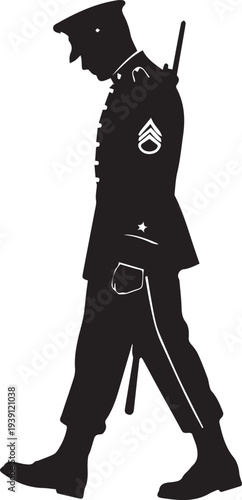 Military soldier walking silhouette vector illustration, marine corps member in uniform line art