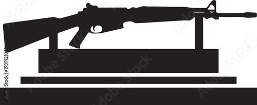 Military rifle vector silhouette illustration displayed on a stand with line art detail