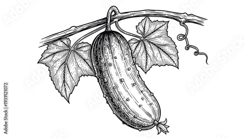 vintage cucumber vegetable with leaves and vine detailed botanical engraving illustration isolated, hand drawn garden plant woodcut style agricultural food drawing