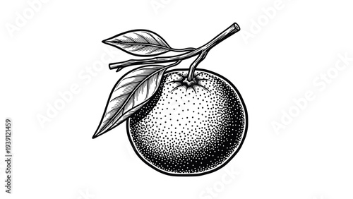 Vintage orange branch engraving, antique citrus fruit with leaves sketch and botanical illustration in woodcut style