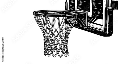 Vintage engraving basketball hoop and backboard sports equipment hand drawn woodcut style athletic illustration
