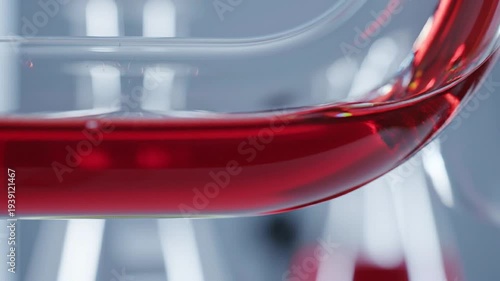 Close-up view of a laboratory flask containing red liquid, tilted to show the transparent glass and reflective surface in a scientific environment