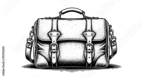 vintage leather travel bag with straps detailed retro luggage engraving illustration isolated, classic duffel bag hand drawn antique woodcut style travel accessory