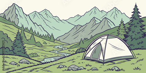 Camping tent in mountain landscape with river and forest, vintage handdrawn illustration