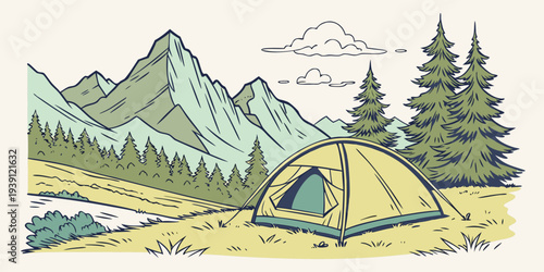 Camping tent in mountain landscape with pine forest and river, vintage style illustration