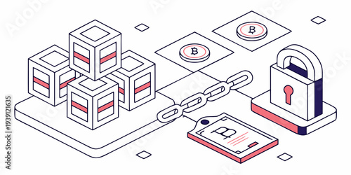 Isometric blockchain technology concept with data blocks, digital chain, padlock security, and bitcoin symbols