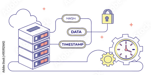 Blockchain technology concept with server, hash, data, timestamp, and security padlock icon