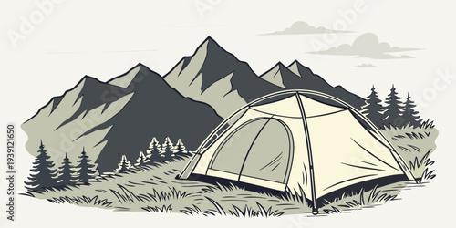 Vintage style illustration of a camping tent in front of mountains and pine trees