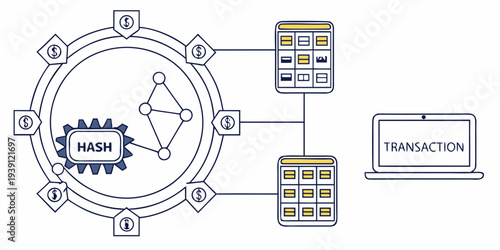 Blockchain technology concept with hash function, network nodes, and transaction processing