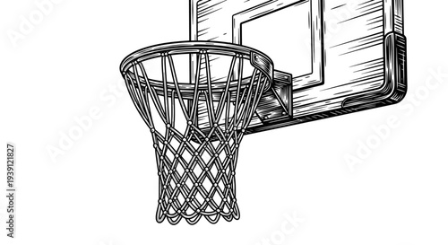 Vintage engraving basketball hoop and backboard sports equipment hand drawn woodcut style athletic illustration