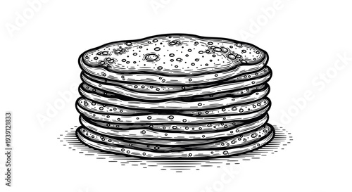 stack of pancakes detailed vintage engraving illustration isolated, breakfast dessert food hand drawn retro woodcut style culinary artwork