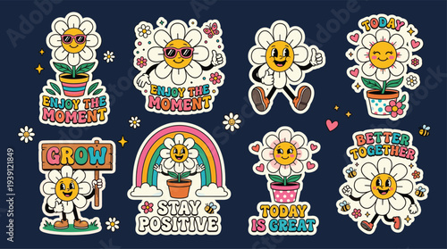 Positive messaging daisy sticker set, kawaii characters, happy faces, motivational quotes, rainbows, pots, and bees
