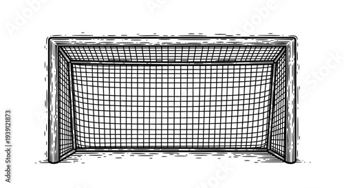 Vintage engraving soccer goal with net sports equipment illustration hand drawn football field woodcut style