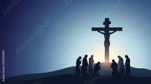 Silhouette of people kneeling before a cross, symbolizing faith and devotion under a dramatic sky.