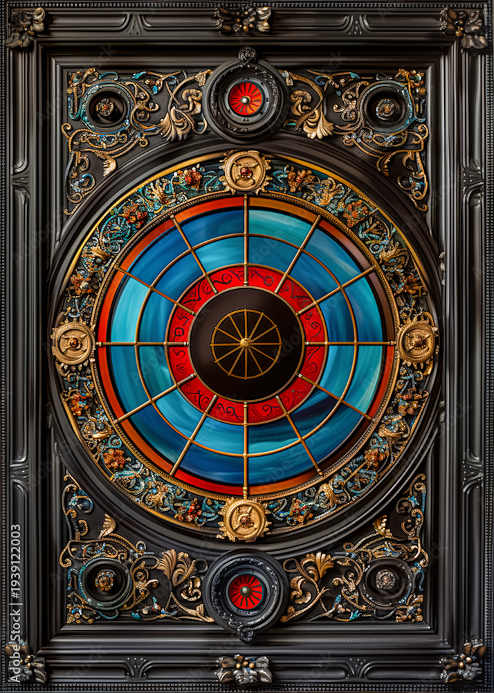 Obraz premium A stunning stained glass window with intricate designs and vibrant colors in a circular pattern surr