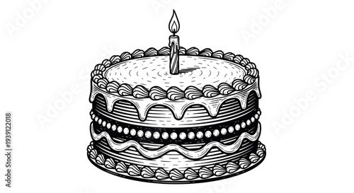 Vintage celebration cake engraving, antique birthday cake with candles sketch in woodcut style isolated