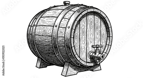 Vintage engraving wooden wine barrel with grape bunch winemaking illustration hand drawn woodcut style winery symbol
