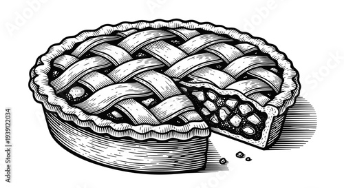 Vintage apple pie engraving, antique bakery sketch, traditional sweet pastry with lattice crust in woodcut style