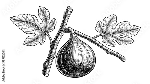 Vintage fig fruit engraving, antique botanical branch sketch and common fig illustration in woodcut style isolated