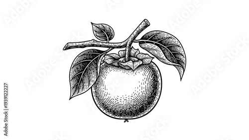 Vintage persimmon fruit with branch and leaves detailed botanical engraving illustration isolated, hand drawn antique fruit woodcut style natural food artwork