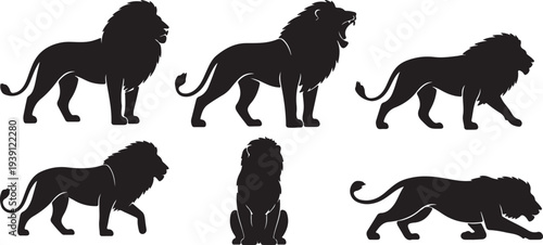 Collection of Black Lion Silhouettes in Various Poses Vector isolated PNG with Transparent Background