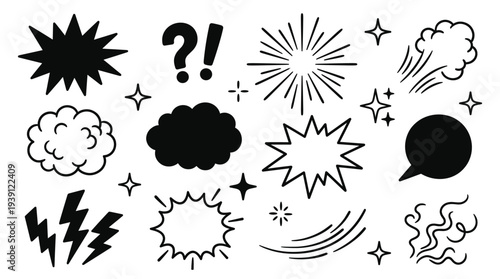 Comic elements collection in bold line style, bursts, clouds, stars, lightning, speech bubbles, and swirls