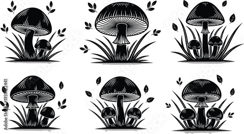 Black and white linocut mushroom illustrations set, vintage woodcut style fungi icons with grass and leaves for rustic botanical nature themed vector designs.