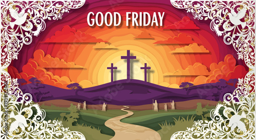Good friday landscape with crosses at sunset