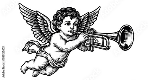 vintage cherub angel playing trumpet detailed antique engraving illustration, classical heavenly cupid figure with wings hand drawn woodcut style religious decorative art